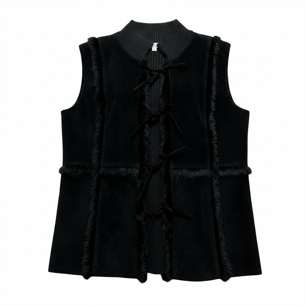 Central Falls S Black 100% Suede Fur Trim Knit Back Vest Tie Front Western Boho